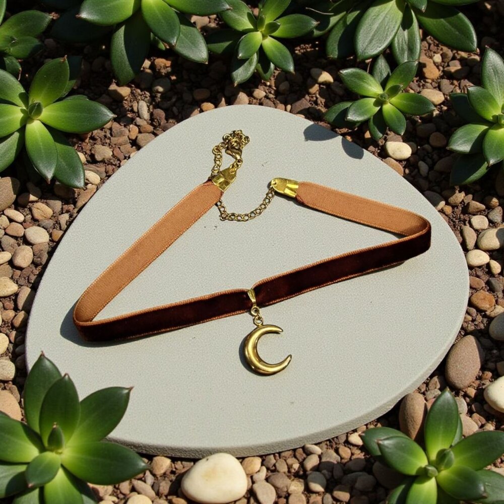 Brown Velvet Moon Choker Necklace Gold Crescent Pendant Celestial Boho Jewelry